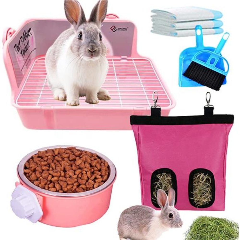 5-in-1 Rabbit Litter Box with Hay Food Feeding Setv((Medium(Pink)))